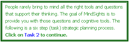 Text Box: People rarely bring to mind all the right tools and questions that support their thinking. The goal of MindSights is to provide you with those questions and cognitive tools. The following is a six step (task) strategic planning process.  Click on Task 2 to continue.


