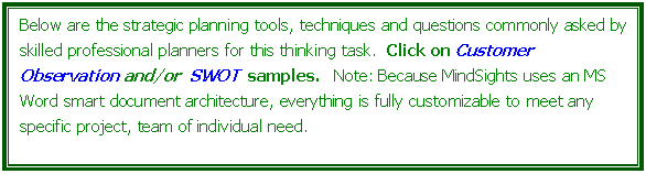 Text Box: Below are the strategic planning tools, techniques and questions commonly asked by skilled professional planners for this thinking task.  Click on Customer Observation and/or  SWOT  samples.   Note: Because MindSights uses an MS Word smart document architecture, everything is fully customizable to meet any specific project, team of individual need.